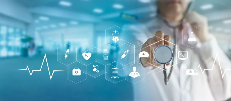 Image of male doctor with health and scientific icons