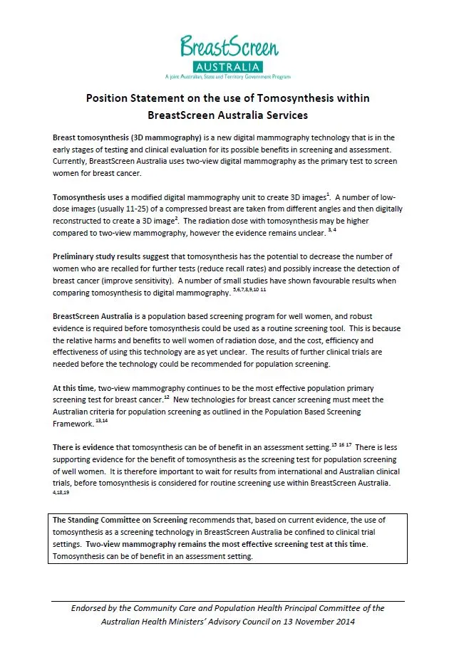 BreastScreen Australia – Position statement on the use of tomosynthesis within breast screening