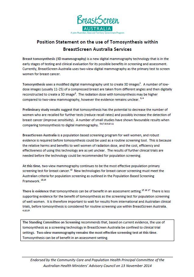 BreastScreen Australia – Position statement on the use of tomosynthesis within breast screening