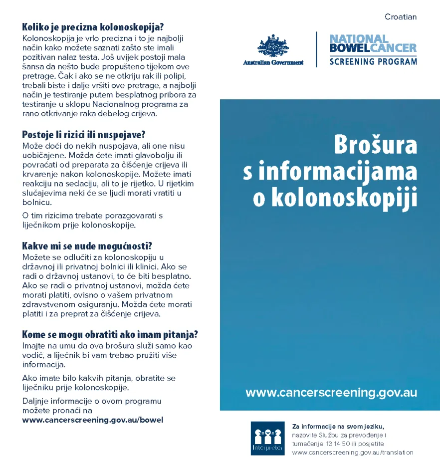 Cover image for National Bowel Cancer Screening Program – colonoscopy brochure (Croatian).