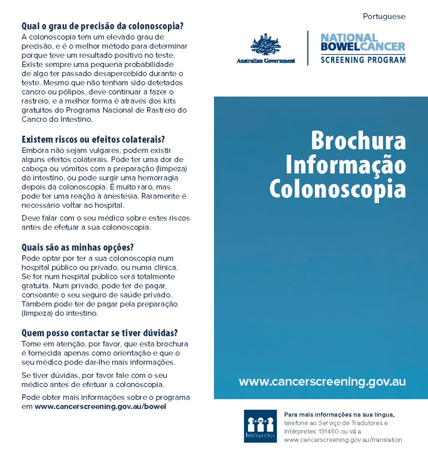 Cover image for National Bowel Cancer Screening Program – colonoscopy brochure (Portuguese).