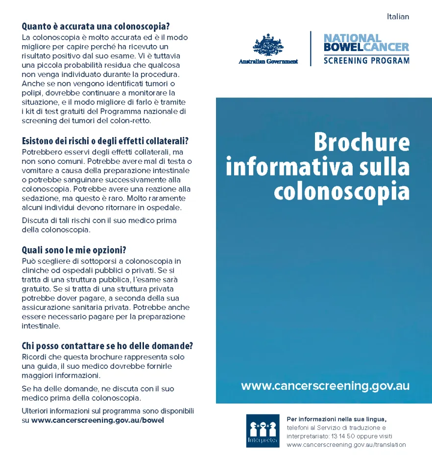 Cover image for National Bowel Cancer Screening Program – colonoscopy brochure (Italian).