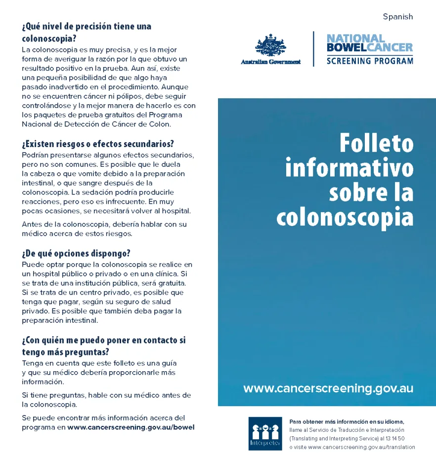 Cover image for National Bowel Cancer Screening Program – colonoscopy brochure (Spanish).