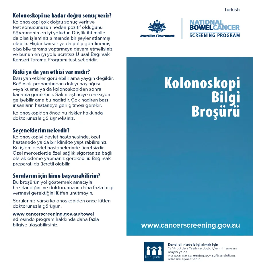 Cover image for National Bowel Cancer Screening Program – colonoscopy brochure (Turkish).