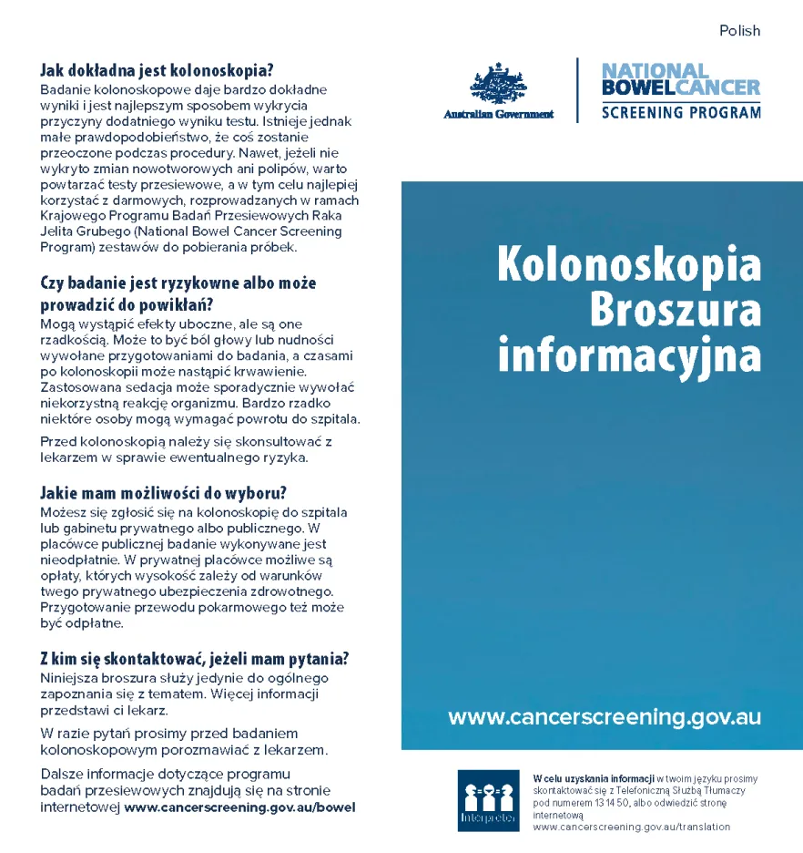 Cover image for National Bowel Cancer Screening Program – colonoscopy brochure (Polish).