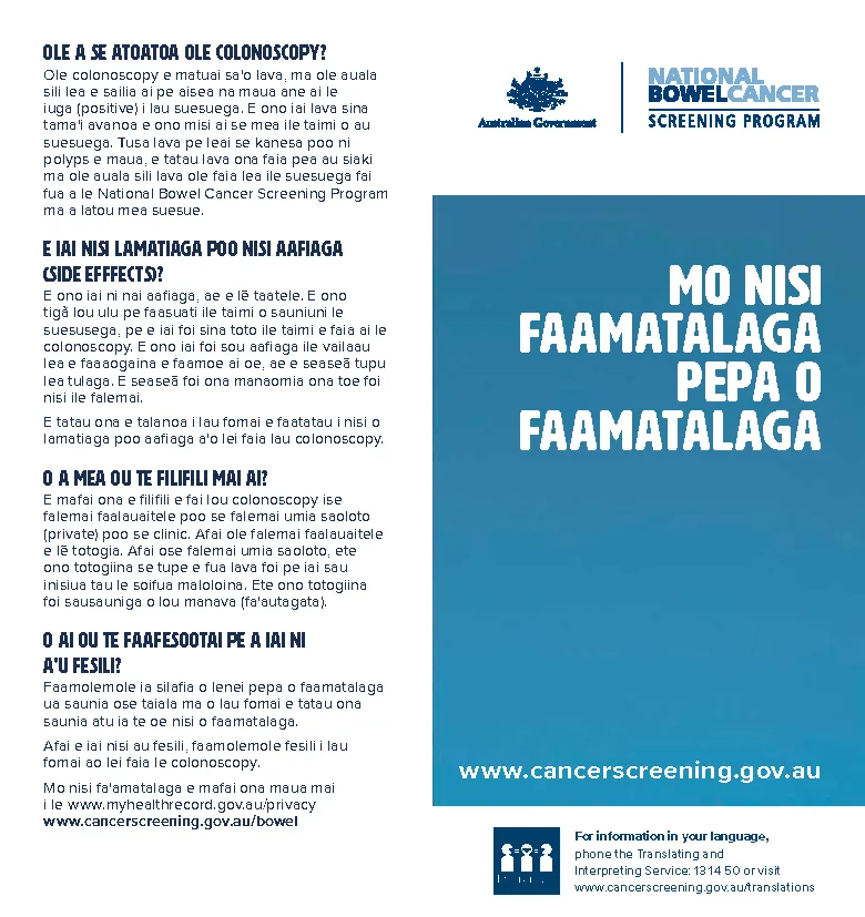 Cover image for National Bowel Cancer Screening Program – colonoscopy brochure (Samoan).