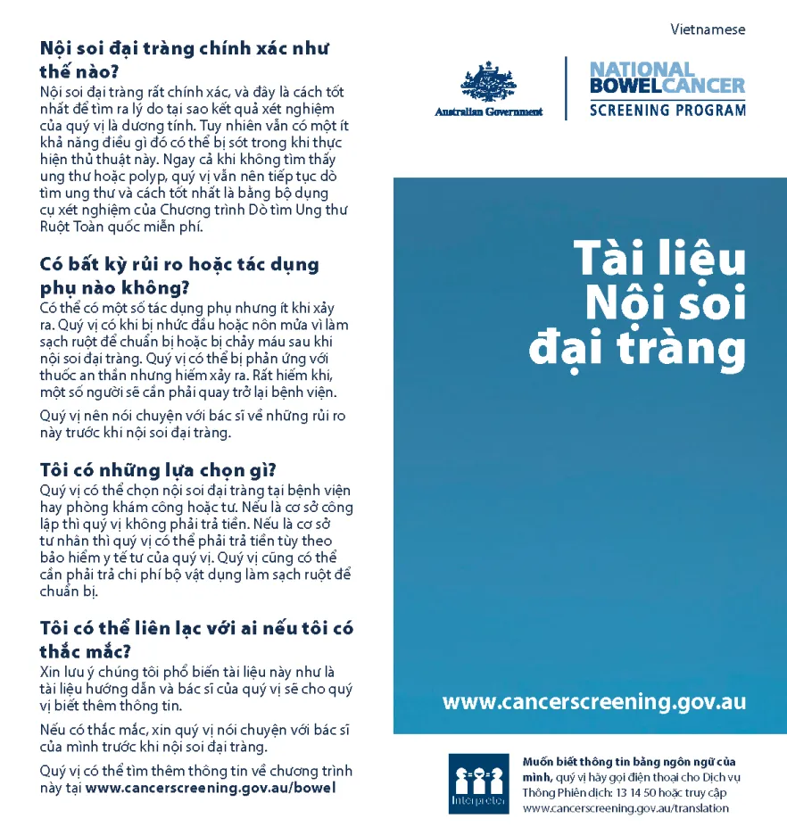 Cover image for National Bowel Cancer Screening Program – colonoscopy brochure (Vietnamese).