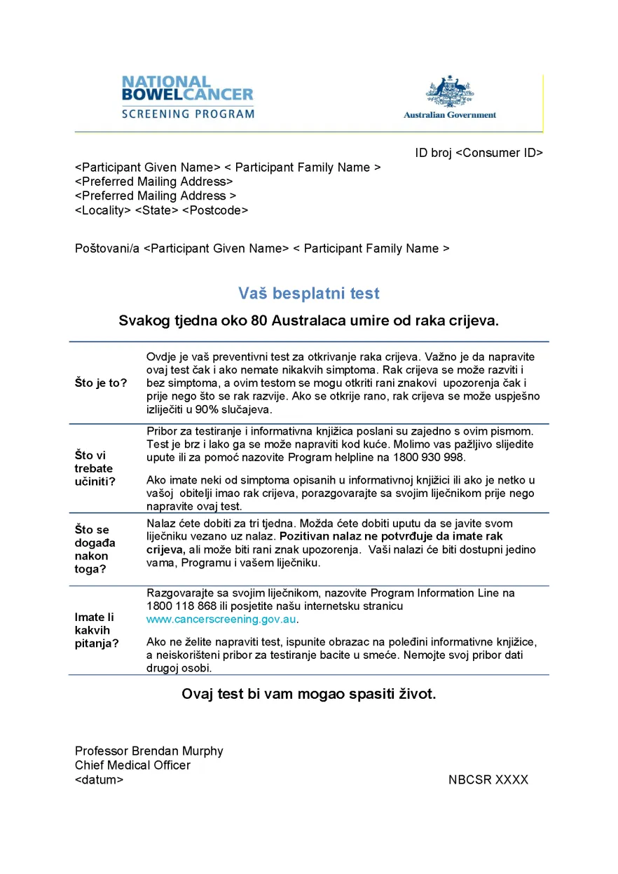 Cover image for National Bowel Cancer Screening Program – Invitation letter (Croatian).