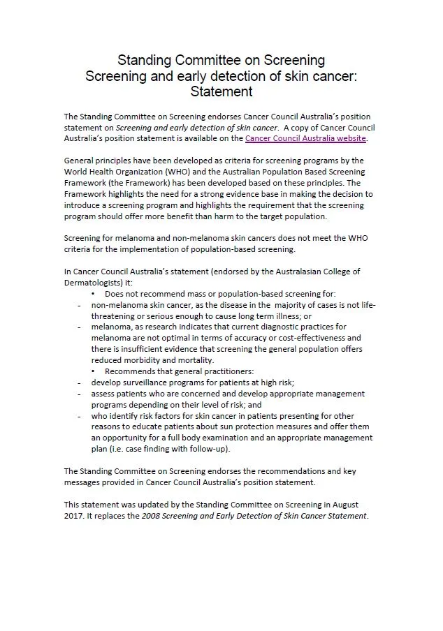Cover image of the Statement on skin cancer screening