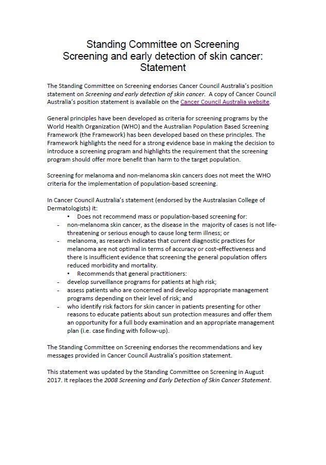 Cover image of the Statement on skin cancer screening