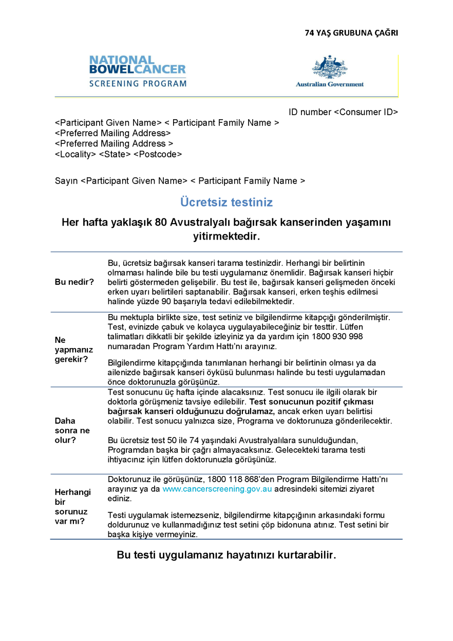 Cover image for National Bowel Cancer Screening Program – Invitation letter for 74-year-olds (Turkish).