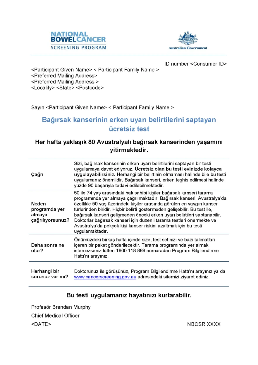 Cover image for National Bowel Cancer Screening Program – Pre-invite letter (Turkish).
