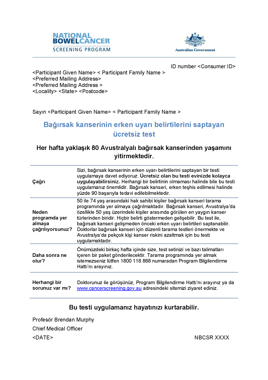 Cover image for National Bowel Cancer Screening Program – Pre-invite letter (Turkish).
