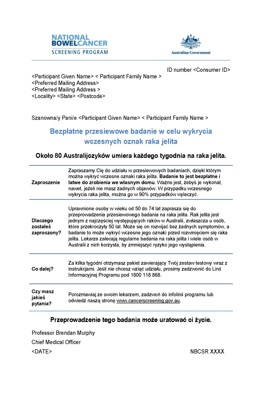 Cover image for National Bowel Cancer Screening Program – Pre-invite letter (Polish).