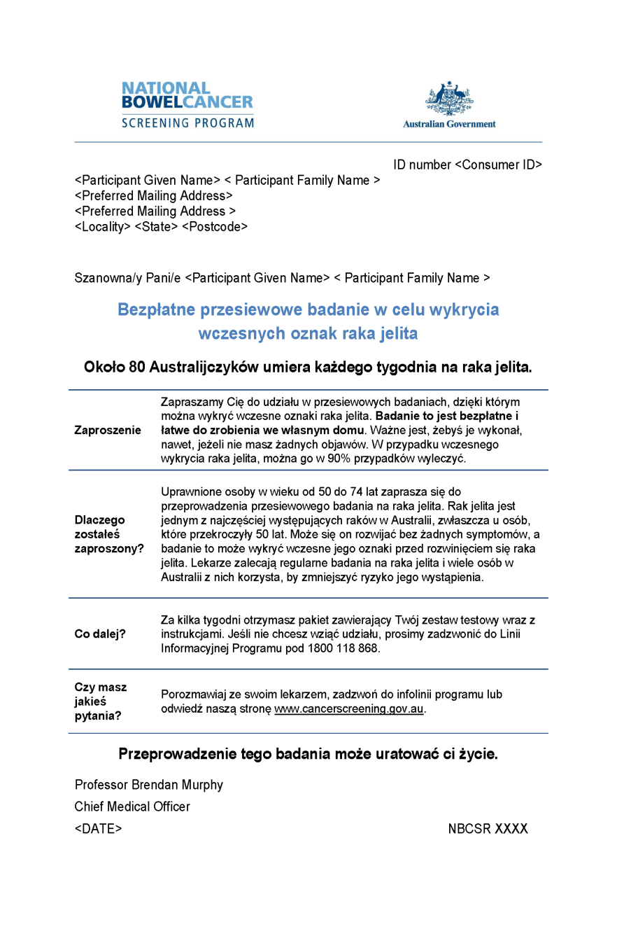 Cover image for National Bowel Cancer Screening Program – Pre-invite letter (Polish).