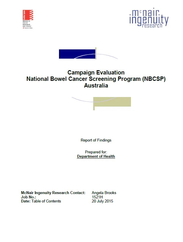 Cover image for the National Bowel Cancer Screening – Campaign evaluation 2015.