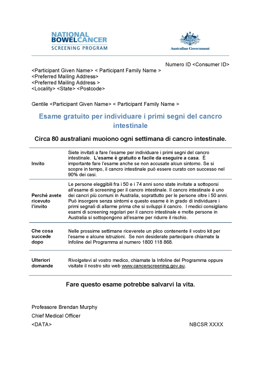 Cover image for National Bowel Cancer Screening Program – Pre-invite letter (Italian).