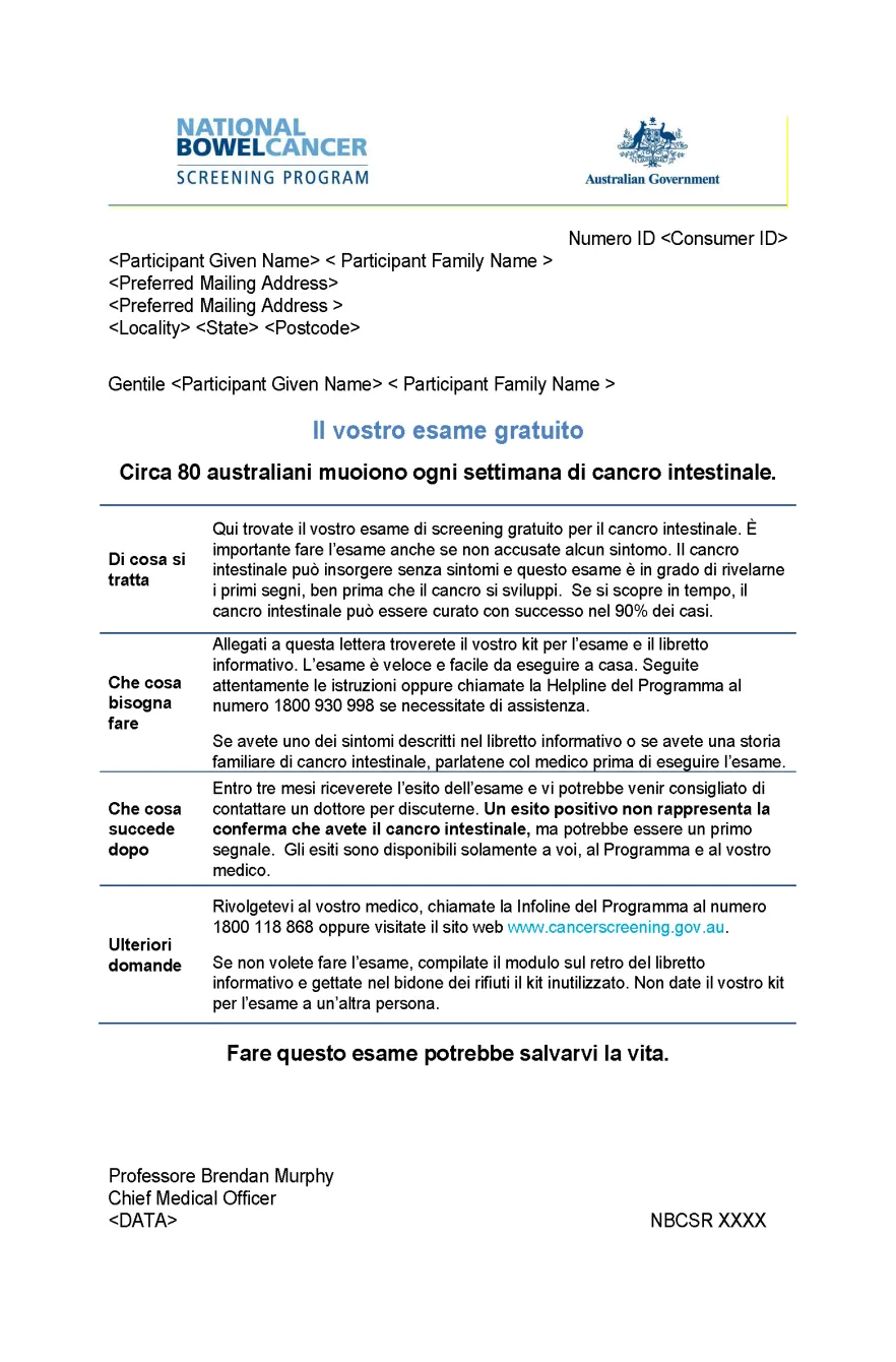 Cover image for National Bowel Cancer Screening Program – Invitation letter (Italian).