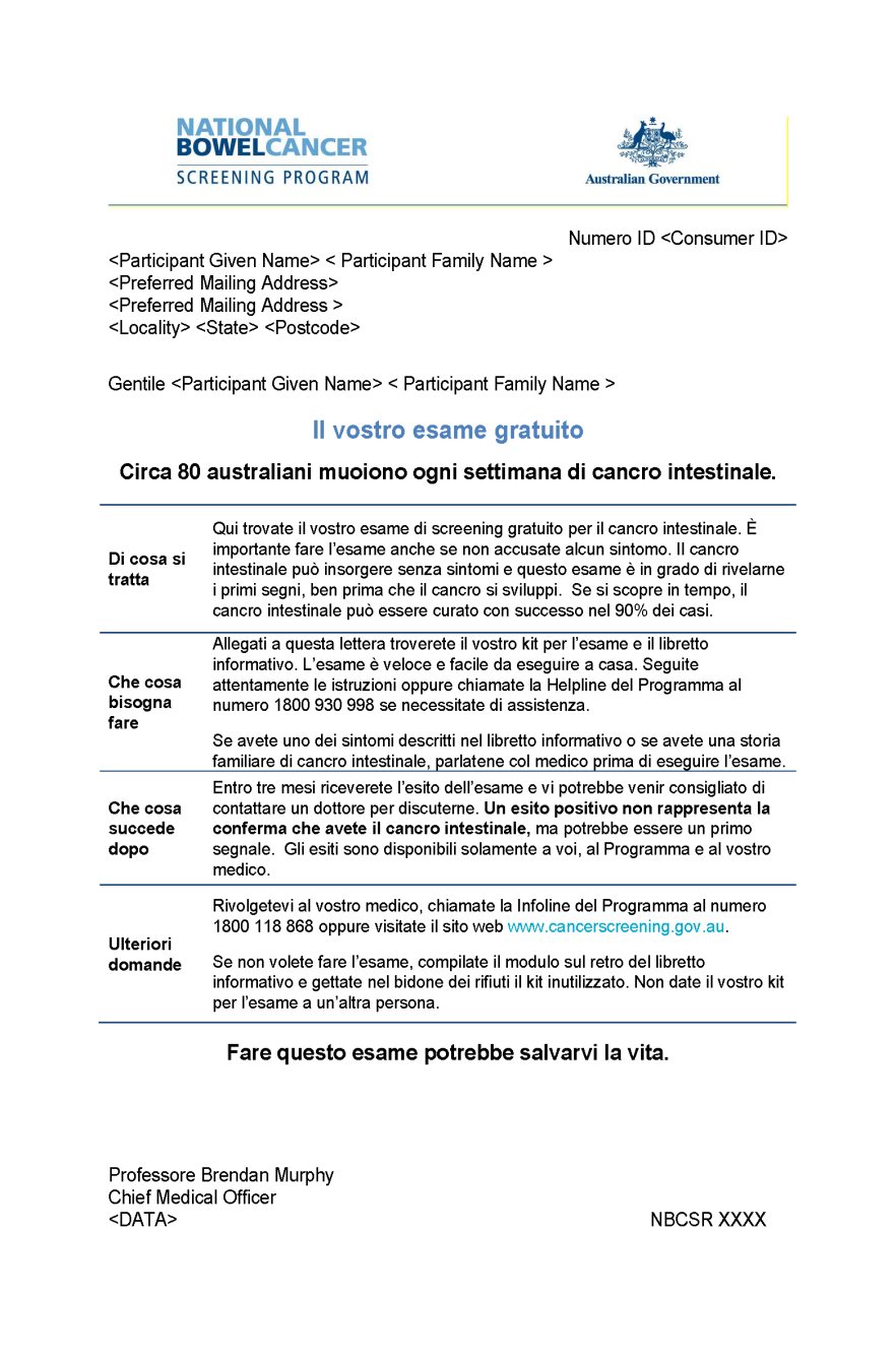Cover image for National Bowel Cancer Screening Program – Invitation letter (Italian).