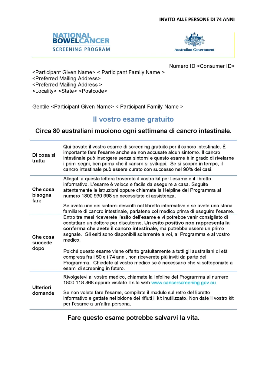 Cover image for National Bowel Cancer Screening Program – Invitation letter for 74-year-olds (Italian).