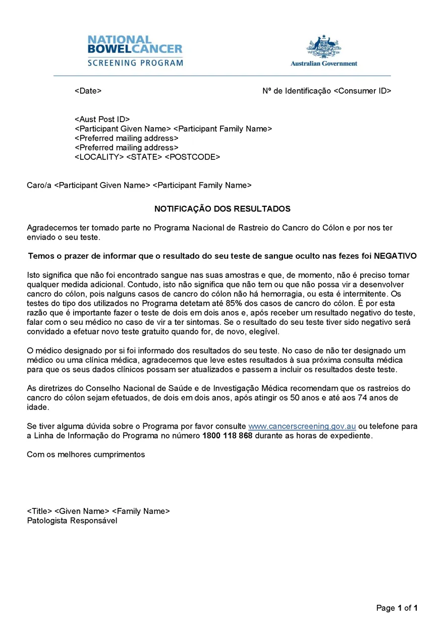 Cover image for National Bowel Cancer Screening Program – Results notification letter – negative (Portuguese).