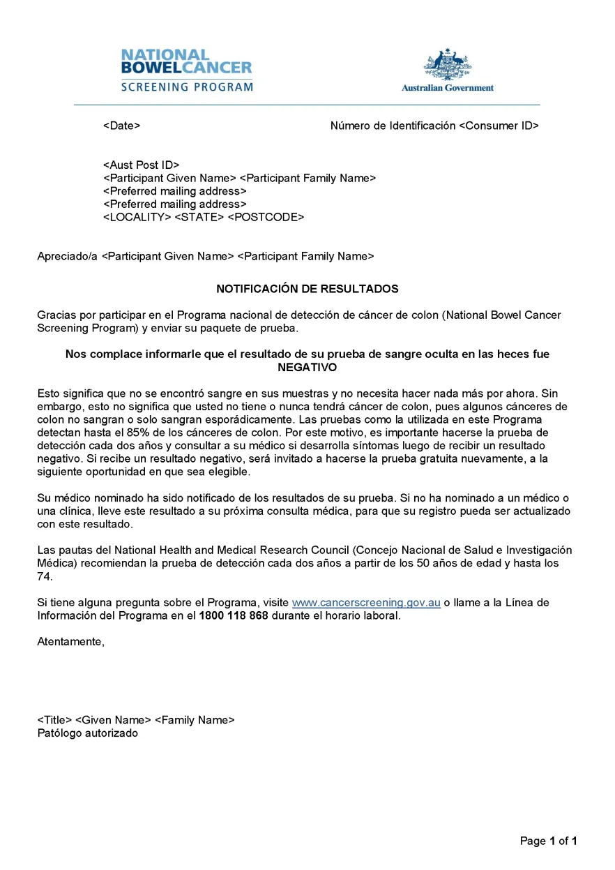 Cover image for National Bowel Cancer Screening Program – Results notification letter – negative (Spanish).