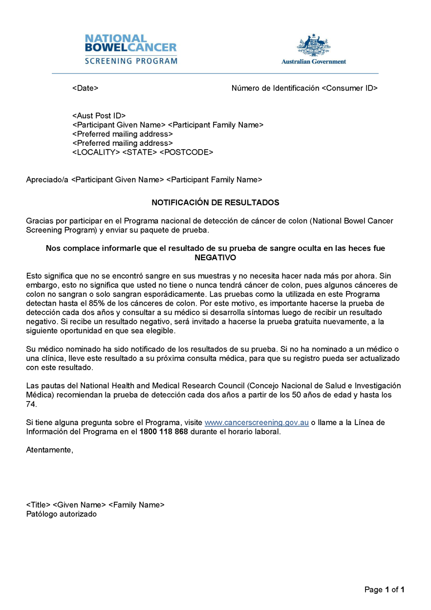 Cover image for National Bowel Cancer Screening Program – Results notification letter – negative (Spanish).