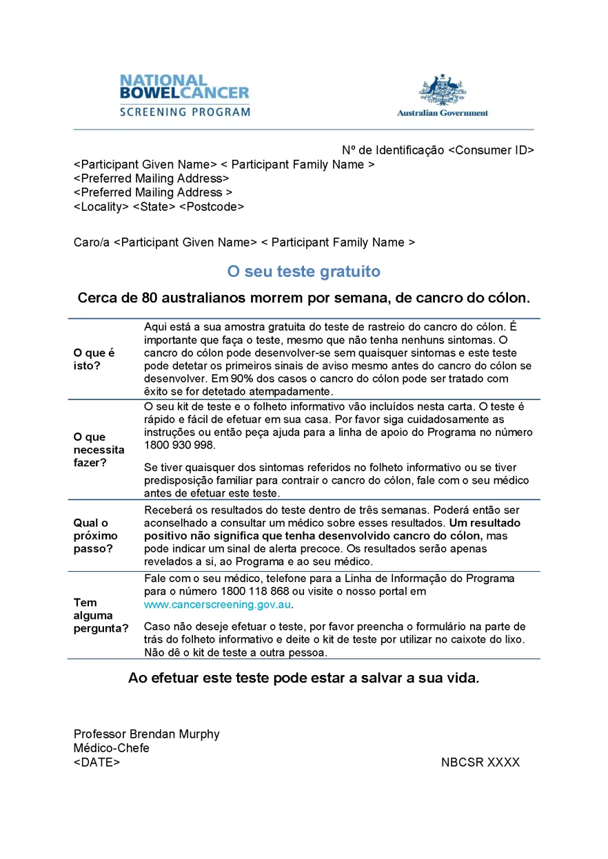 Cover image for National Bowel Cancer Screening Program – Invitation letter (Portuguese).