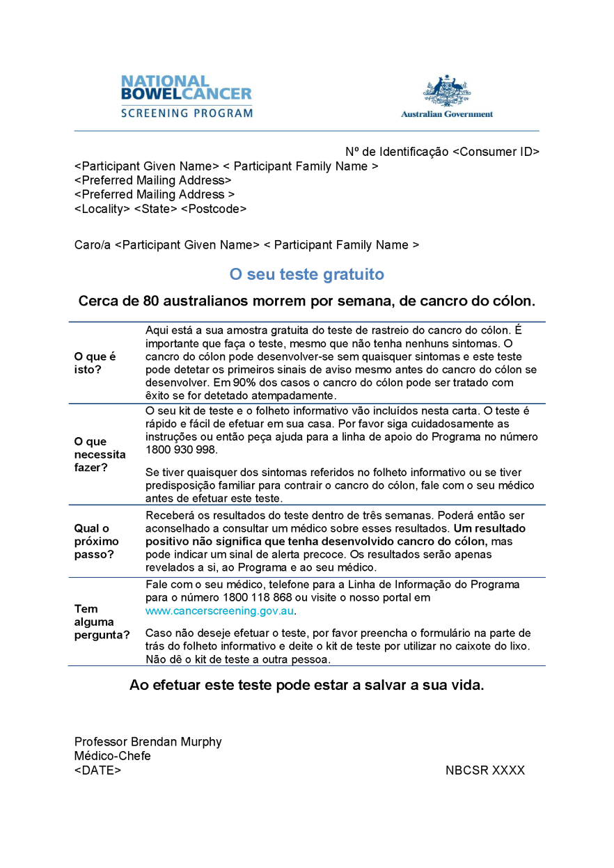 Cover image for National Bowel Cancer Screening Program – Invitation letter (Portuguese).