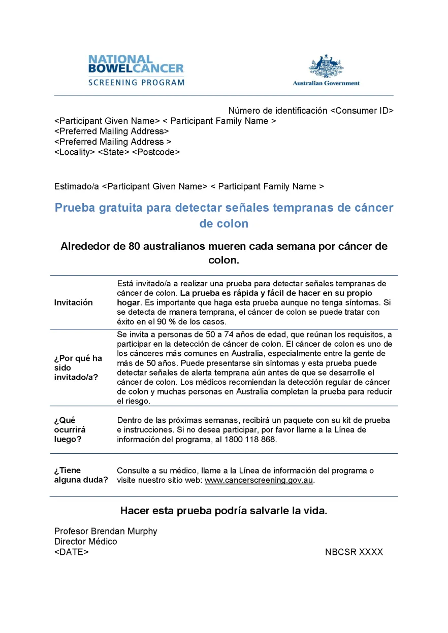 Cover image for National Bowel Cancer Screening Program – Pre-invite letter (Spanish).