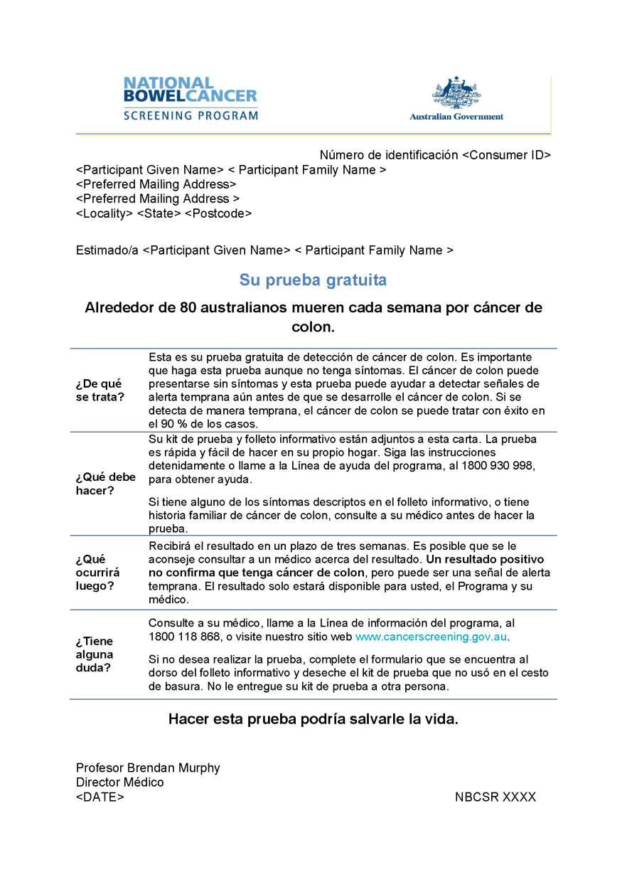 Cover image for National Bowel Cancer Screening Program – Invitation letter (Spanish).