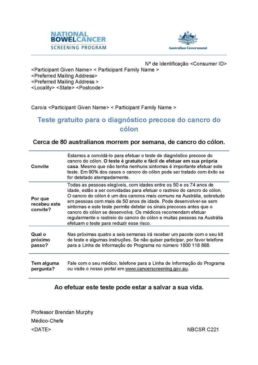 Cover image for National Bowel Cancer Screening Program – Pre-invite letter (Portuguese).