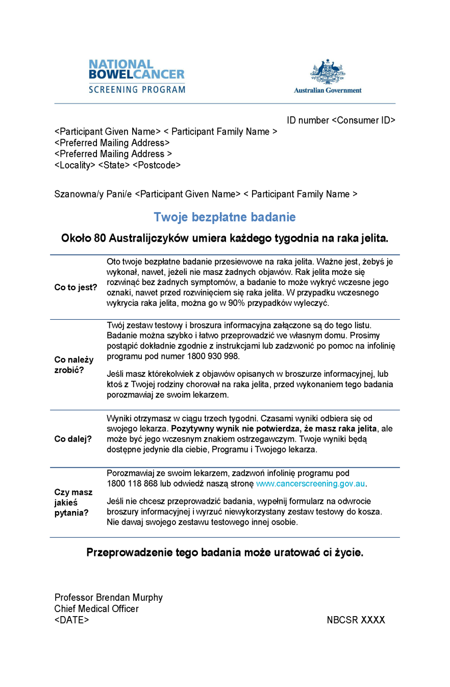 Cover image for National Bowel Cancer Screening Program – Invitation letter (Polish).