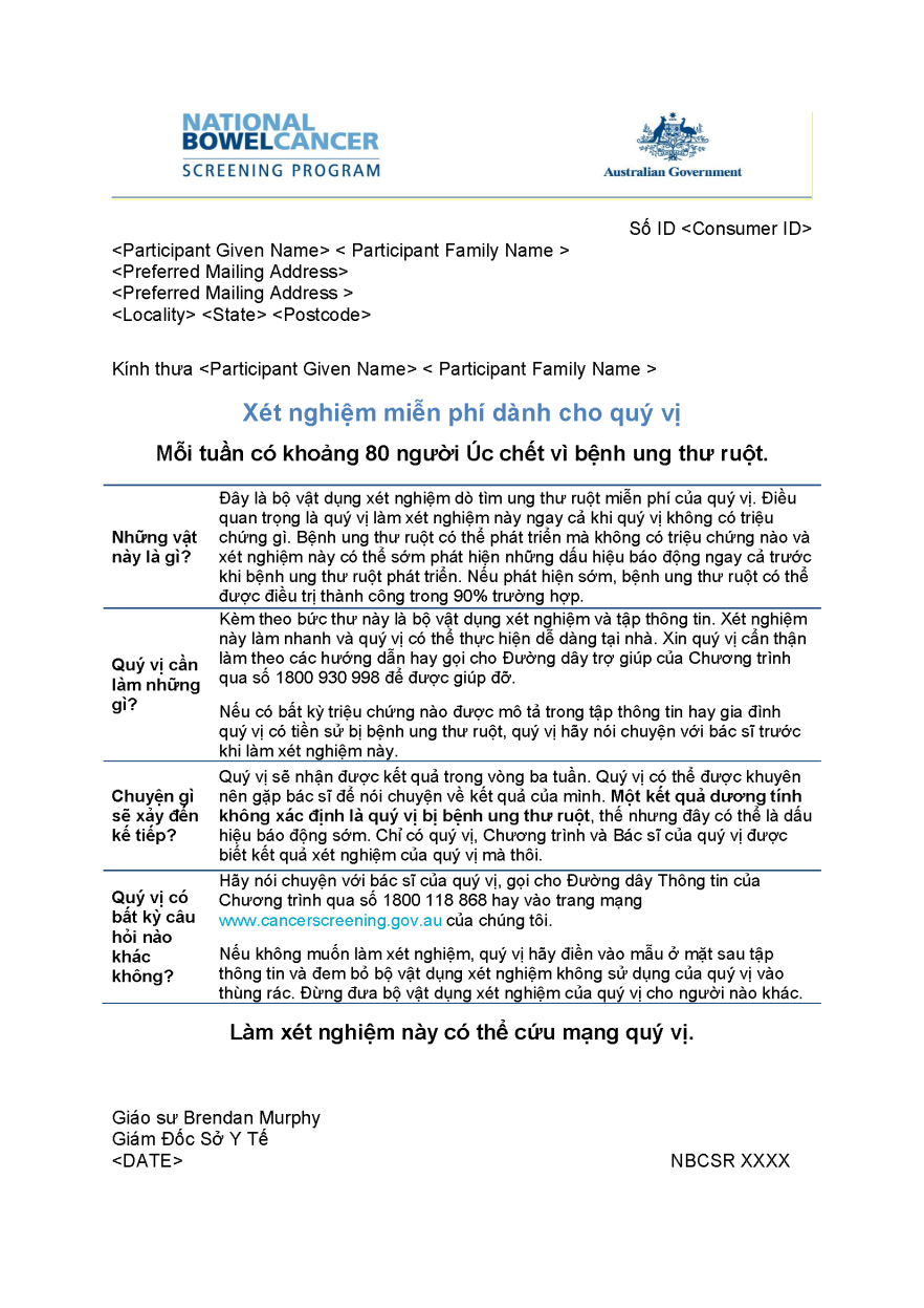 Cover image for National Bowel Cancer Screening Program – Invitation letter (Vietnamese).