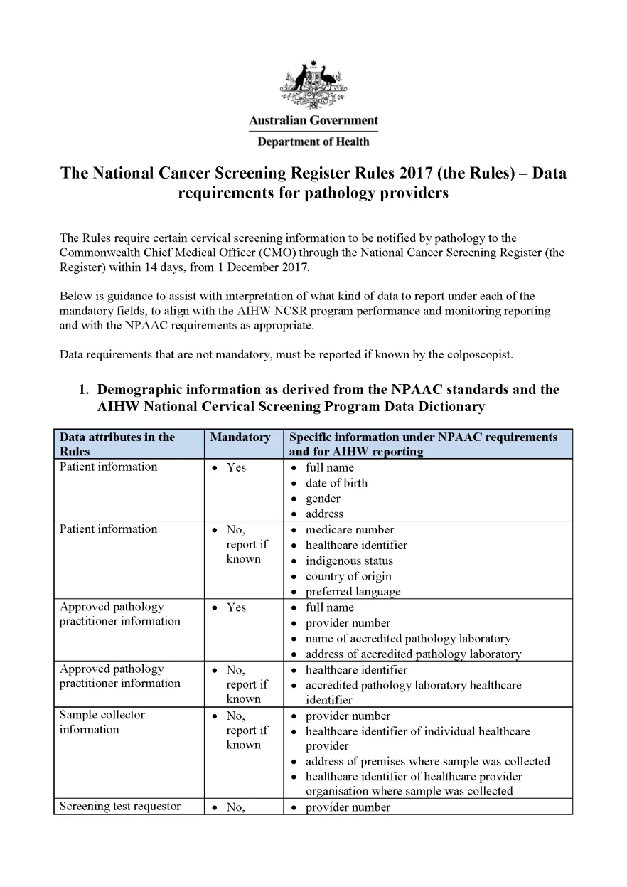 Cover image for National Cervical Screening Program – data requirements for pathologists