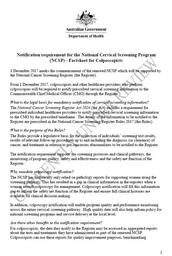 Cover image for National Cervical Screening Program – fact sheet for colposcopists.