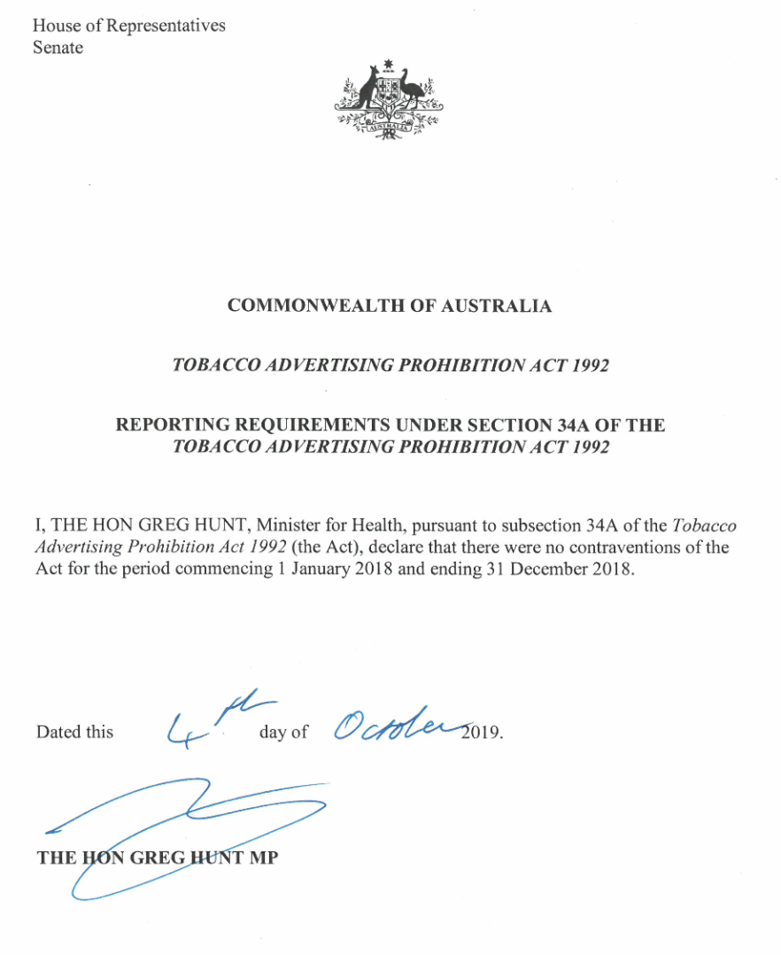 Cover image of 2018 Annual Report On The Tobacco Advertising Prohibition Act 1992