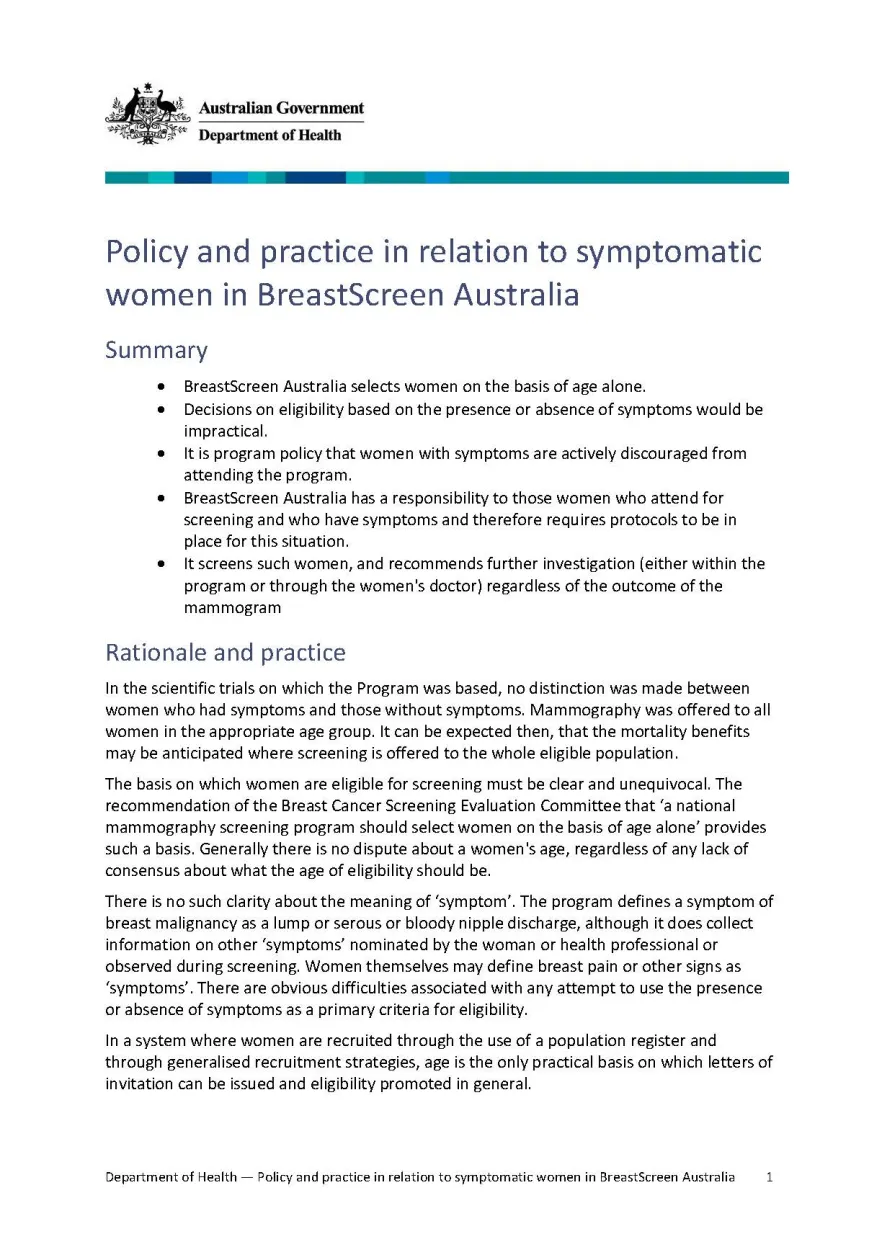 Cover image for Policy and practice in relation to symptomatic women
