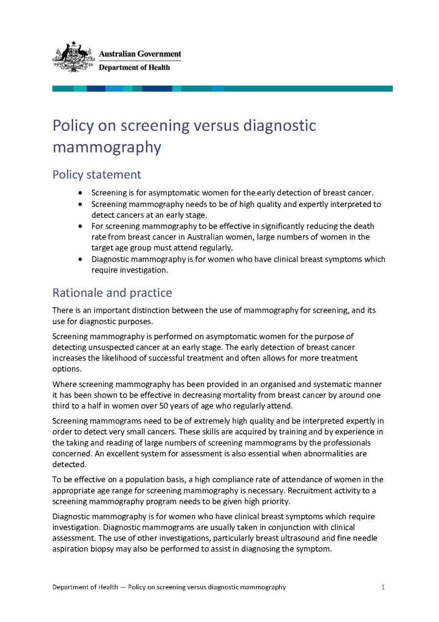 Cover image for Policy on screening versus diagnostic mammography