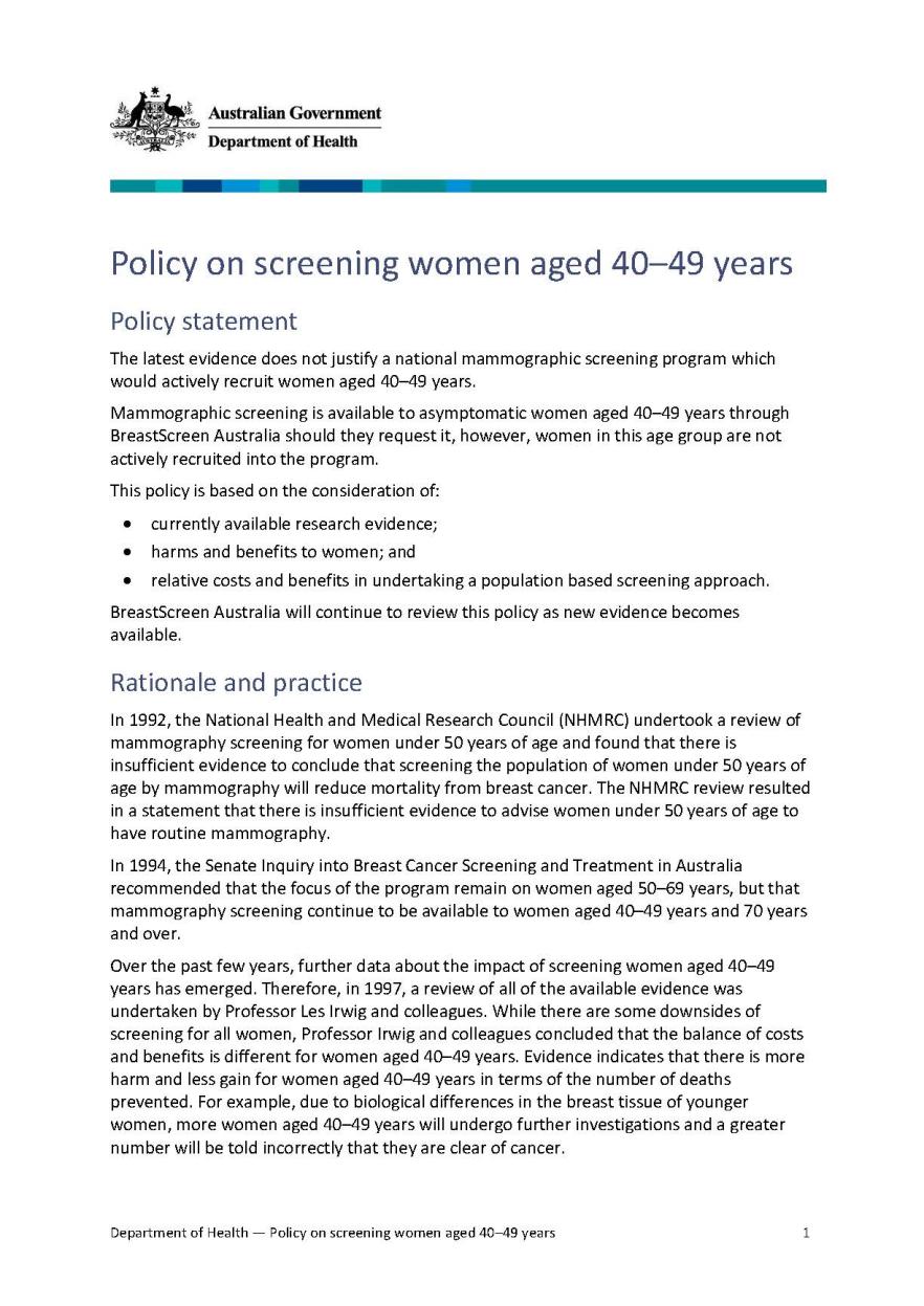 Cover image for Policy on screening women aged 40–49