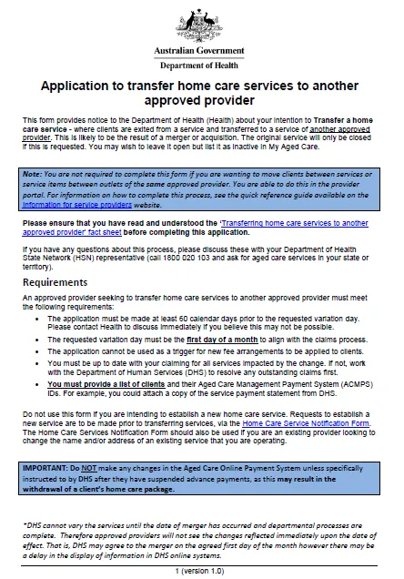 Application form to transfer home care services to another approved provider cover