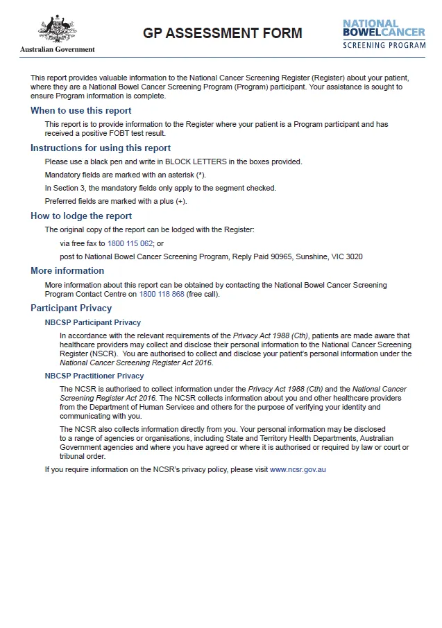 Cover image for National Bowel Cancer Screening Program HP assessment report form