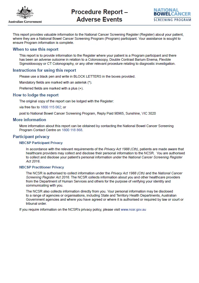 Cover image for National Bowel Cancer Screening Program adverse events report form