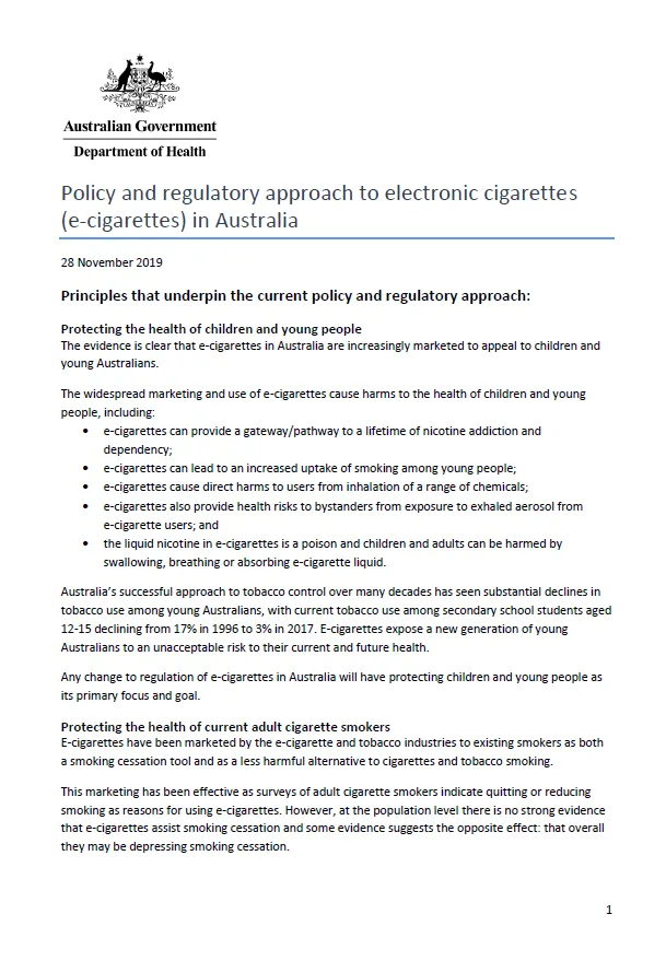 Policy and regulatory approach to electronic cigarettes (e-cigarettes) in Australia cover