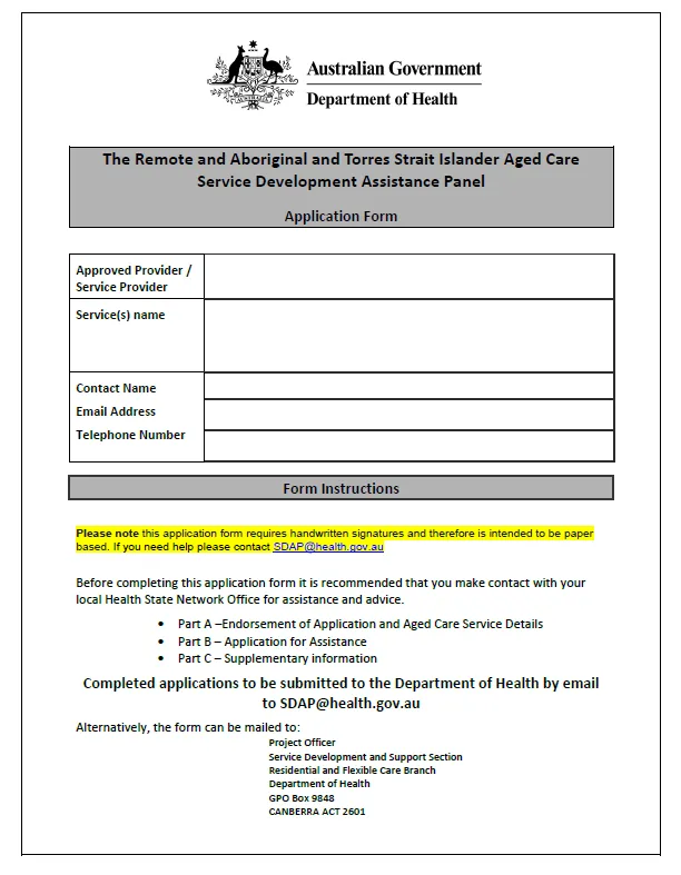 Remote and Aboriginal and Torres Strait Islander Aged Care SDAP application form cover