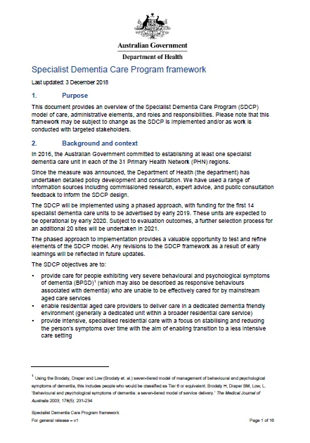 Specialist Dementia Care Program framework cover
