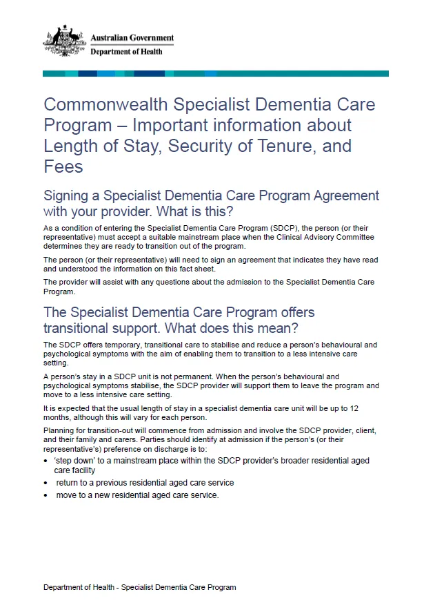 Specialist Dementia Care Program – length of stay, fees and security of tenure