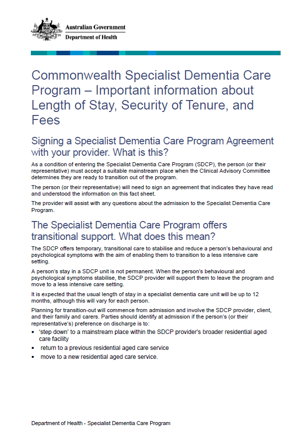Specialist Dementia Care Program – length of stay, fees and security of tenure