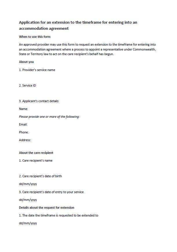 application for an extension to the timeframe for entering into an accommodation agreement cover image
