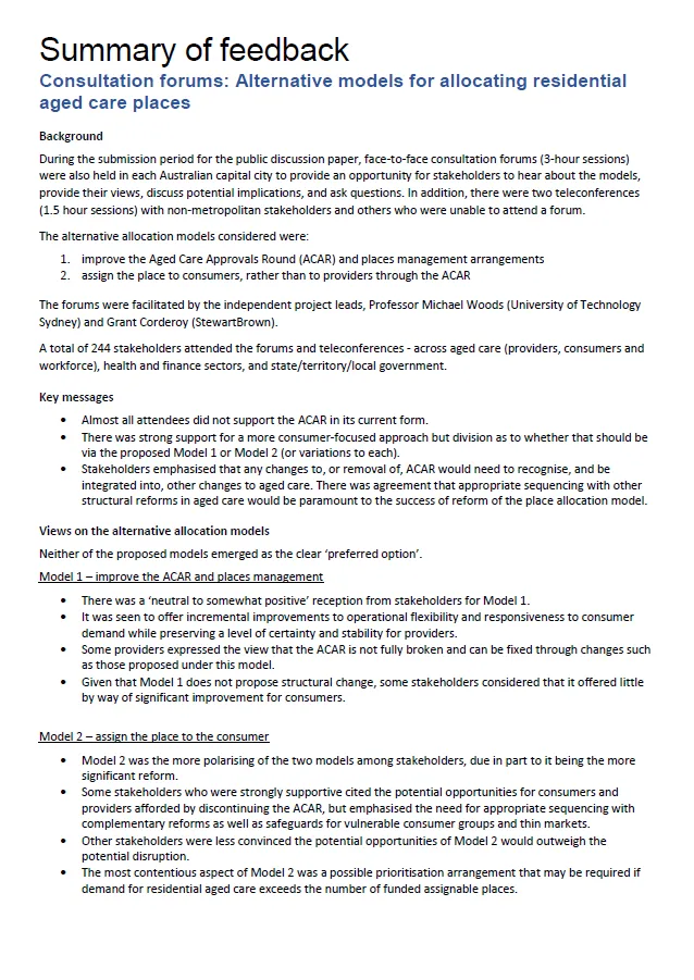 Cover image for Consultation Forums: Alternative Models for Allocating Residential Aged Care Places – Summary of Feedback